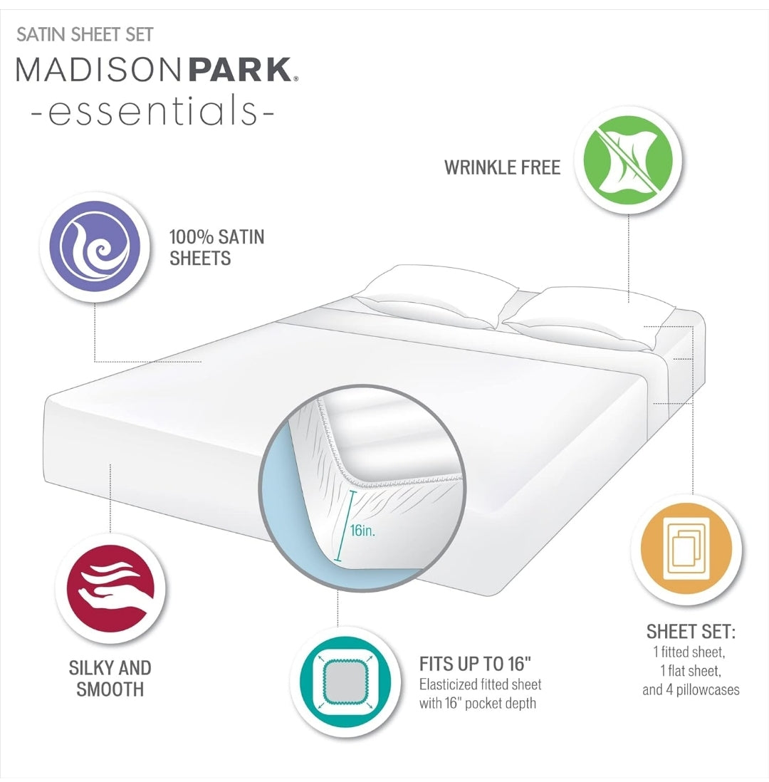Madison Park Essentials Satin Sheet Set Luxury and Silky with Natural Sheen, Elastic 14" Pocket fits up to 16" Mattress, All Around Elastic - Year-Round Bedding, 6 Piezas, Blanco, King