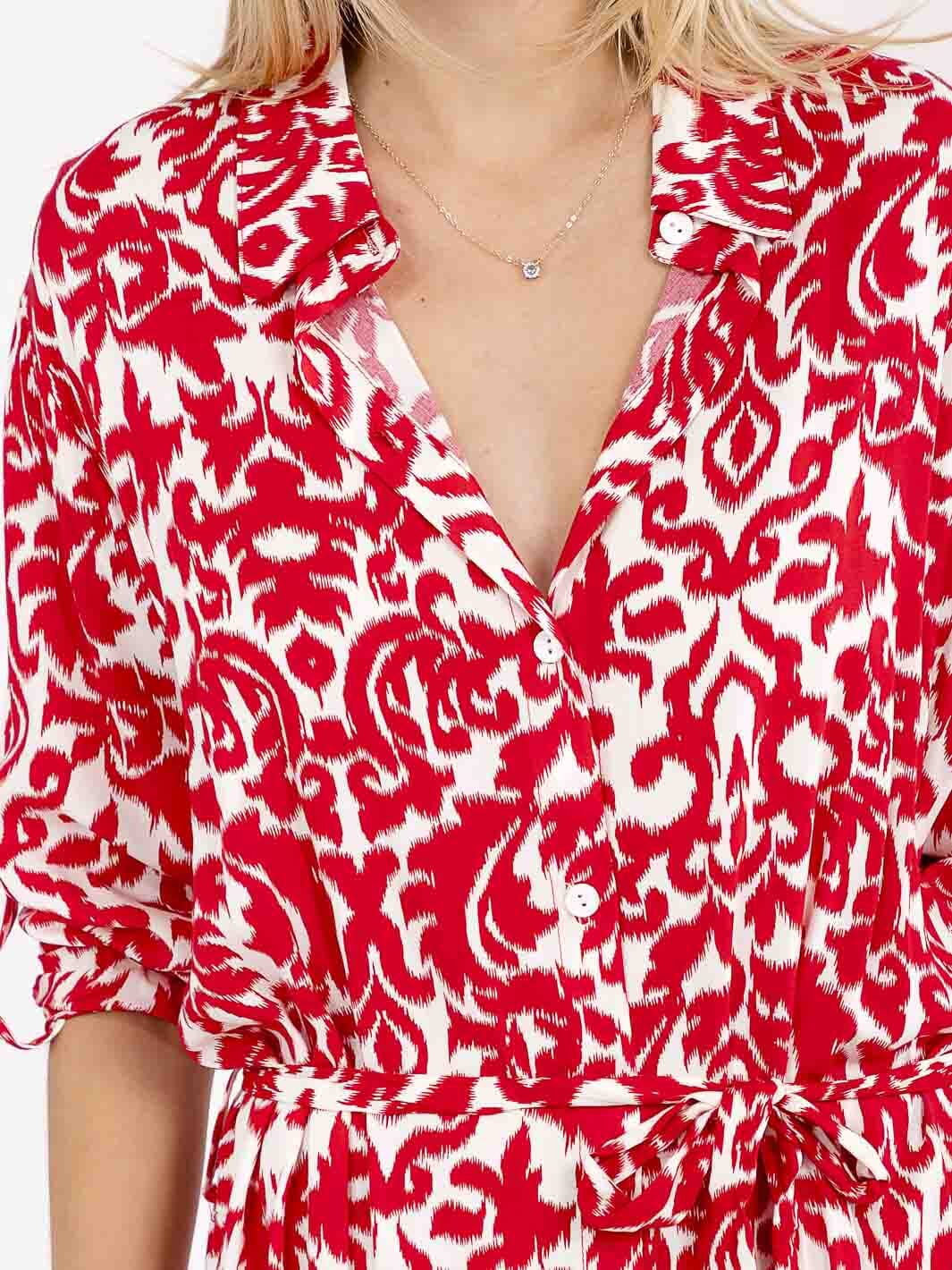 Vestido Rojo Largo Maxi de Botones y Mangas Largas