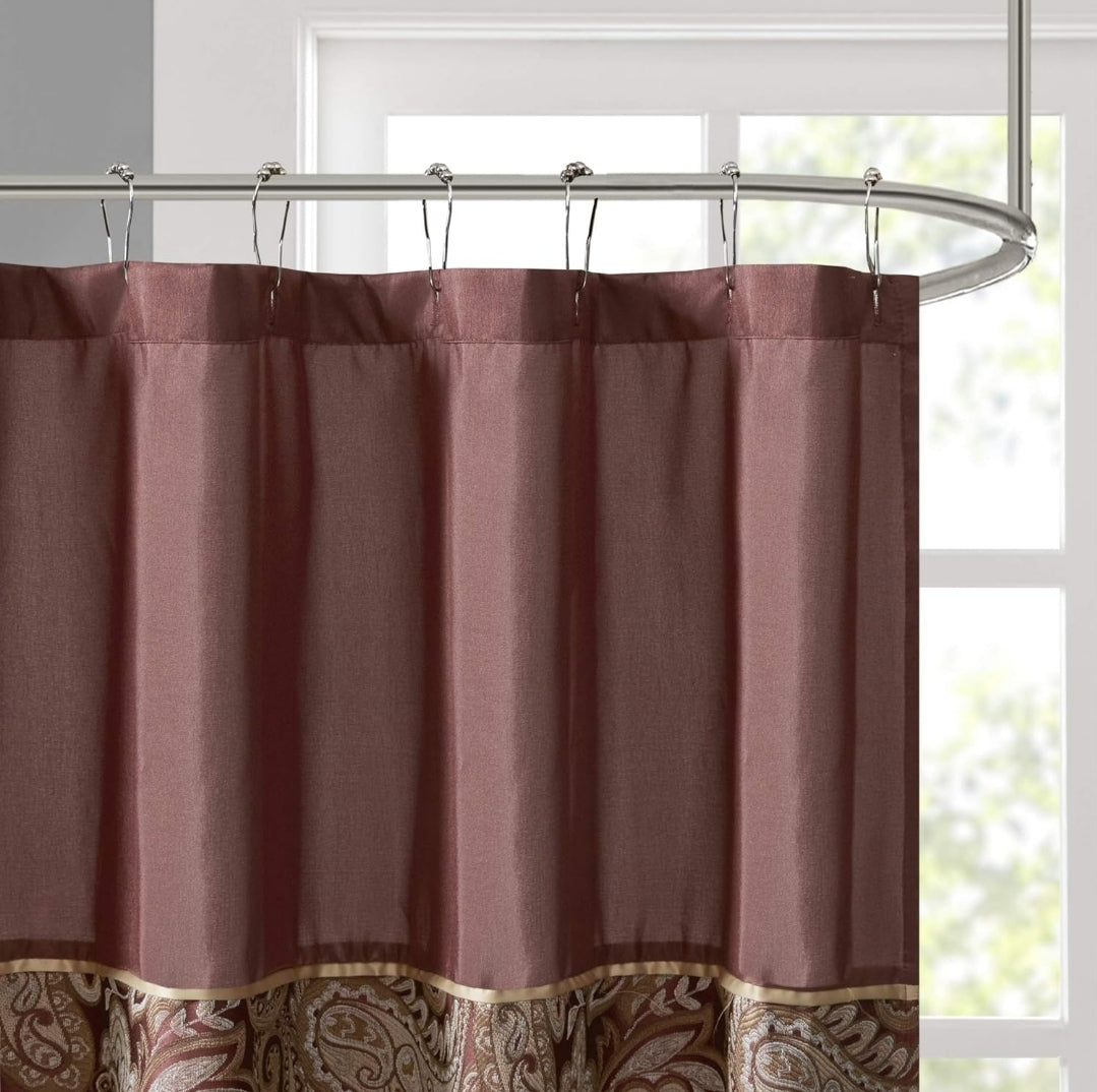 Madison Park Aubrey Design Stripe Top Modern Shower Curtain, Jacquard Traditional Shower Curtains for Bathroom, 72 X 72, Burgundy