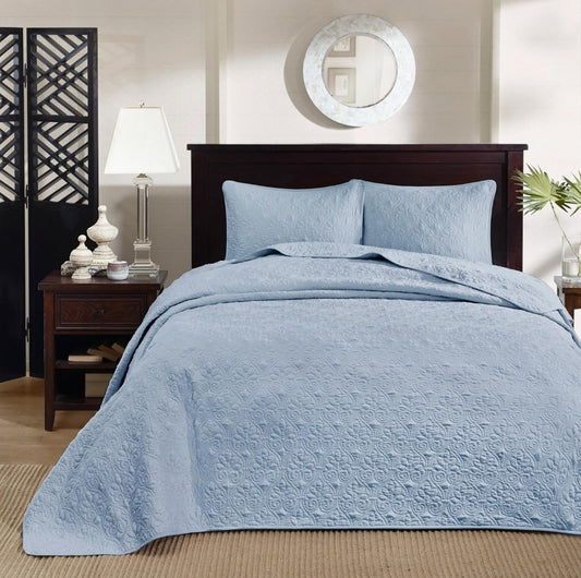 Madison Park Quebec Reversible Quilt Set Damask Design, Double Sided Stitching All Season, Lightweight Bedspread Bedding Set, Matching Sham, Azul, 3 Piezas, King