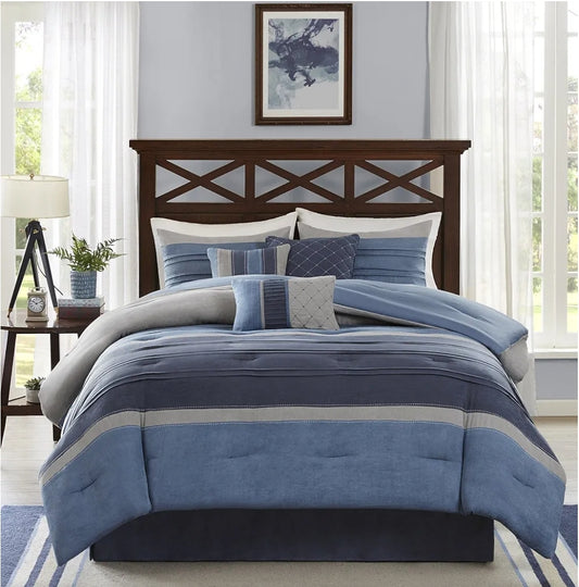 Madison Park Collins 7 Piece Comforter Set Suede Blue Grey King, Azul
