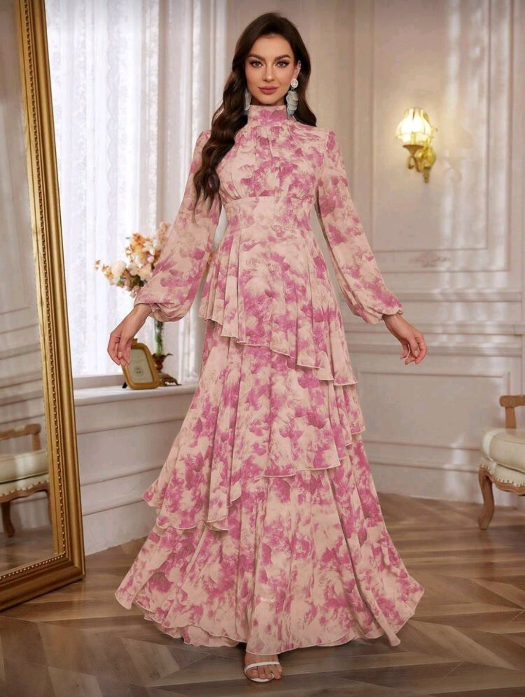 Vestido Maxi Rosado con Estampado Floral Elegante manga larga
