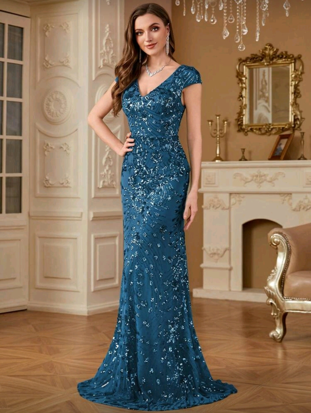 Vestido Aqua Largo Elegante con Lentejuelas