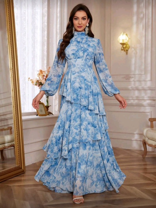 Vestido Maxi Azul con Estampado Floral Elegante manga larga