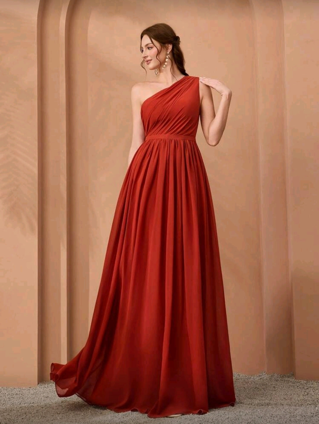 Vestido Elegante Anaranjado/Rojizo Plisado de un solo Hombro