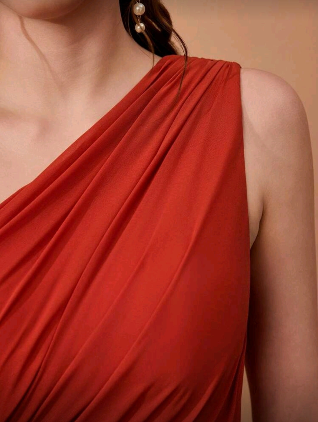 Vestido Elegante Anaranjado/Rojizo Plisado de un solo Hombro