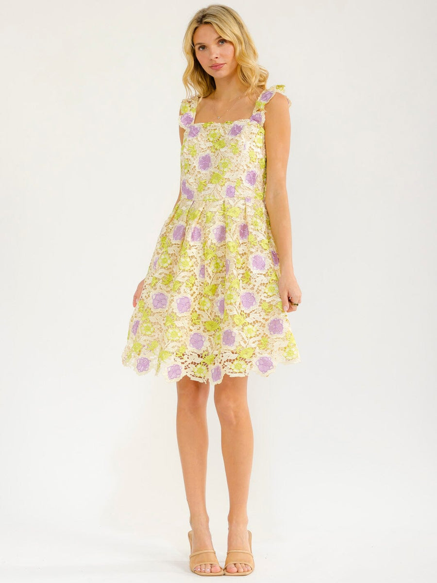 Vestido floral verde lima y morado corto