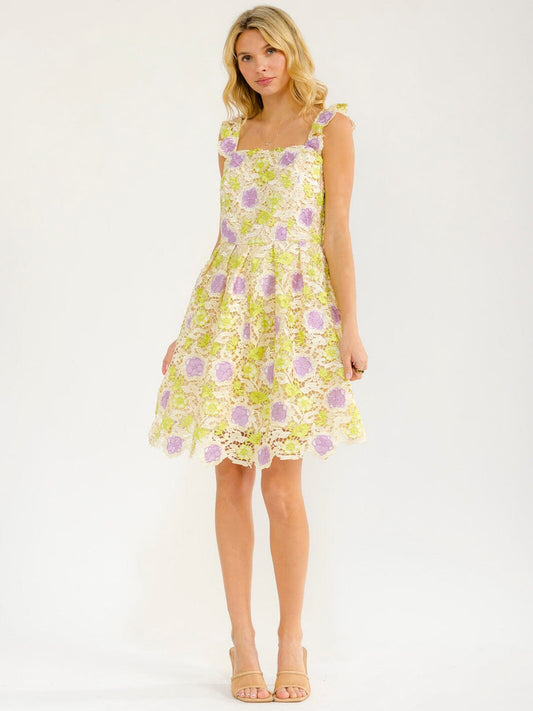 Vestido floral verde lima y morado corto