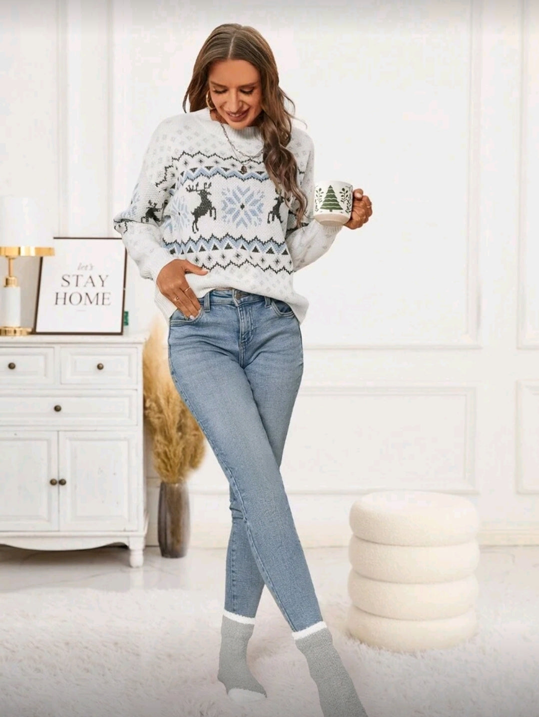 Suéter Blanco de renos y copo de nieve