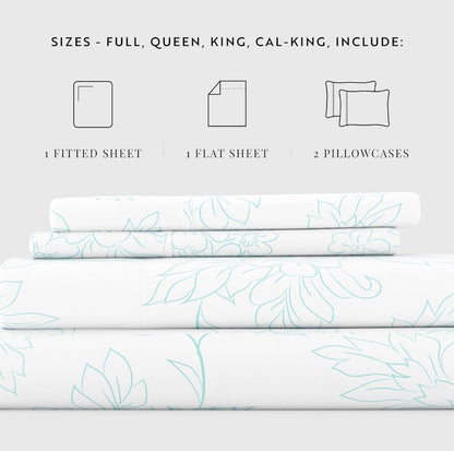 Ienjoy Linen Market Bedding Sheet Set, 4 Piezas, Blanco con Lineas Verdes, Queen
