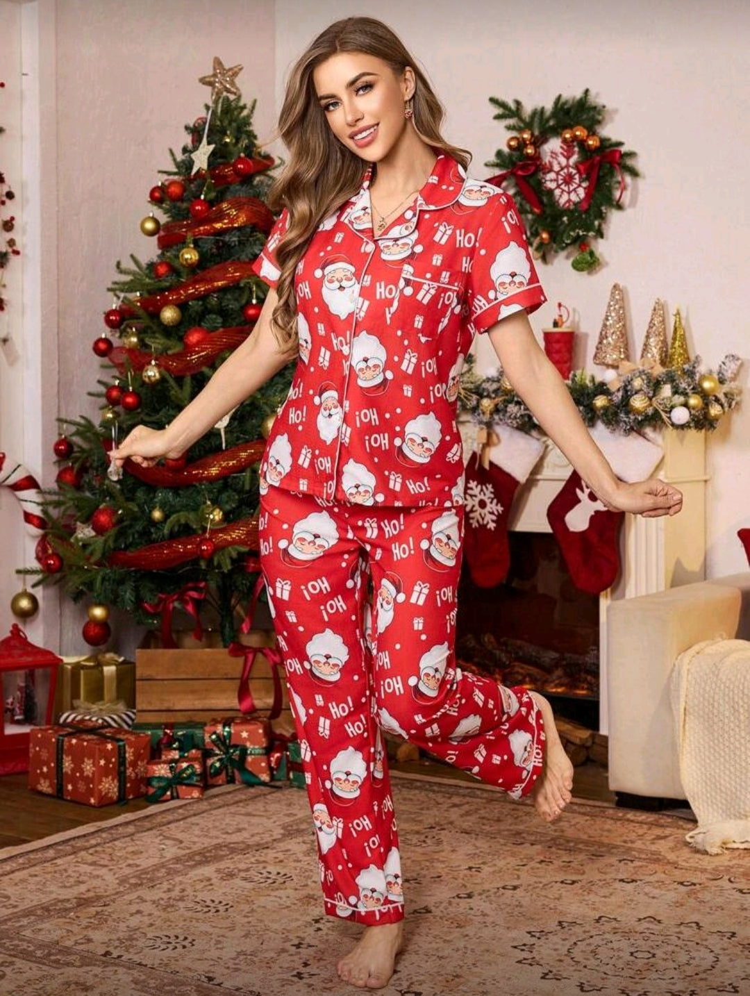 Pijama Navideña Roja de Mujer con diseño de Santa Claus y Ho Ho Ho