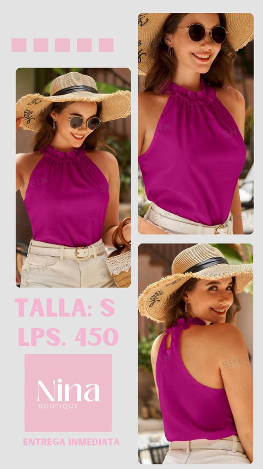Top fuscia con cuello fruncido