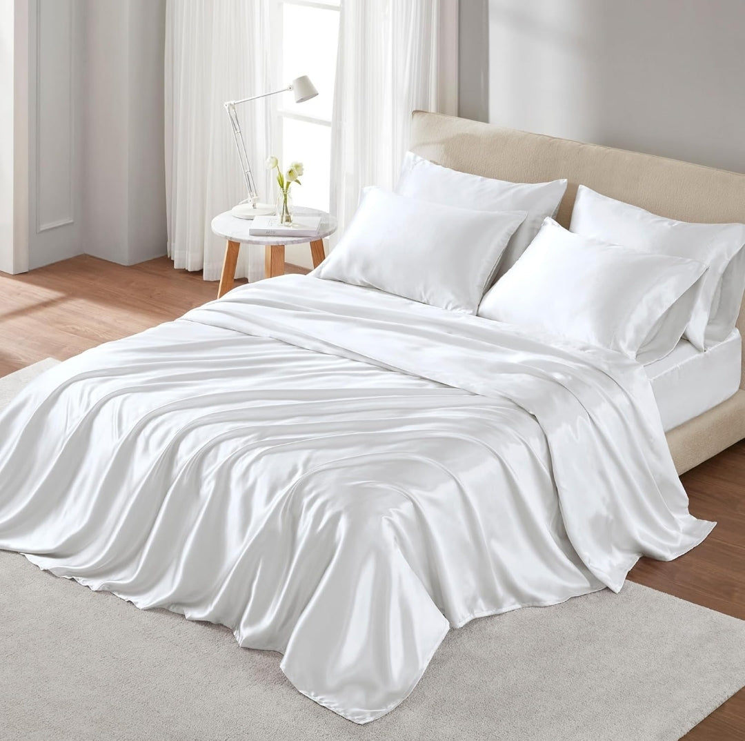 Madison Park Essentials Satin Sheet Set Luxury and Silky with Natural Sheen, Elastic 14" Pocket fits up to 16" Mattress, All Around Elastic - Year-Round Bedding, 6 Piezas, Blanco, King