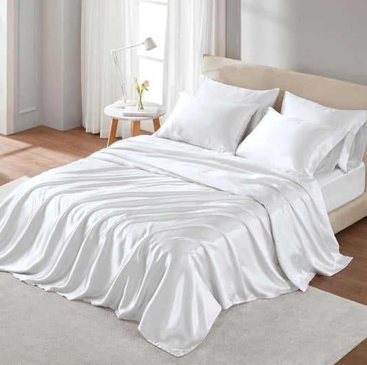 Madison Park Essentials Satin Sheet Set Luxury and Silky with Natural Sheen, Elastic 14" Pocket fits up to 16" Mattress, All Around Elastic - Year-Round Bedding, 6 Piezas, Blanco, King