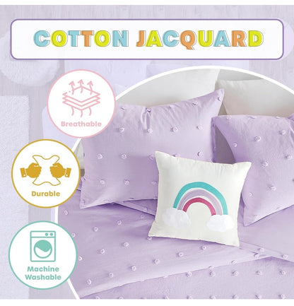Urban Habitat Kids - Callie Cotton Jacquard Weave Colorful Pom Pom Kids Comforter sets, Down Alternative Shabby Chic, Lila, 4 Piezas, Twin