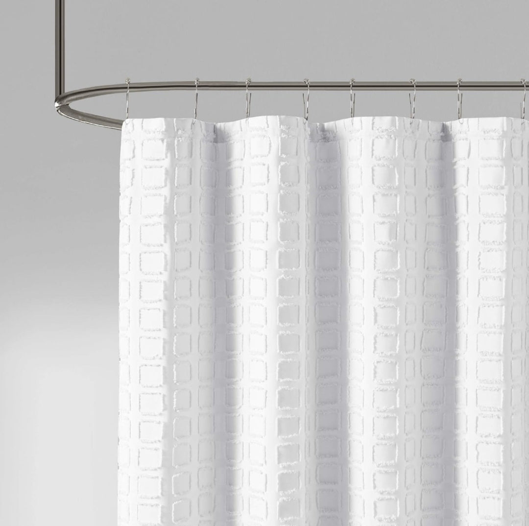 Madison Park Metro Bathroom Shower, Textured Woven Clipped Design Modern Mid-Century Privacy Bath Fabric Curtains, 72"x72", Blanco, 1 Cortina de Baño