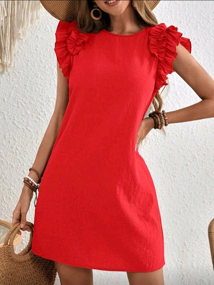 Vestido rojo corto con vuelos en los hombros