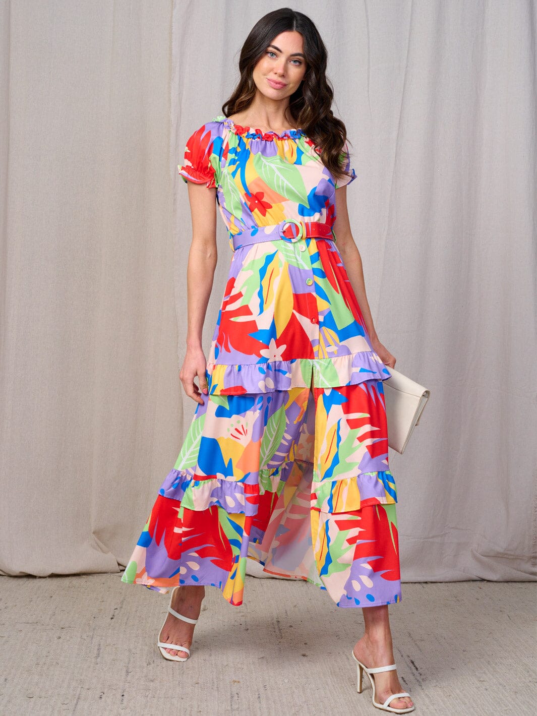 Vestido maxi manga corta de capas y con cinturón