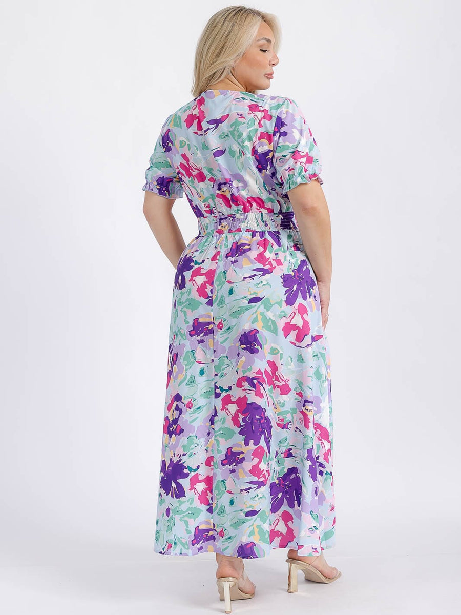 Vestido Plus maxi azul claro y morado manga corta