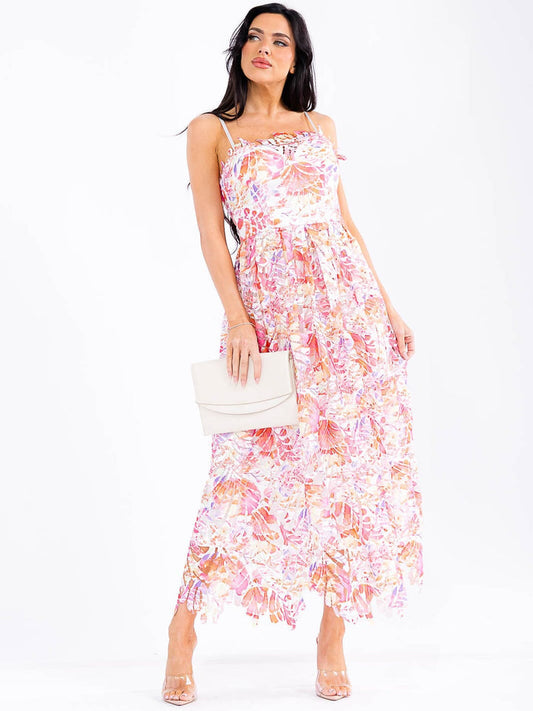 Vestido rosado maxi floral detallado sin mangas para mujer.