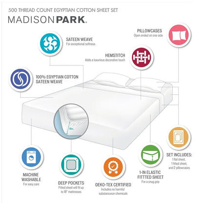 Madison Park Cotton Sheet Set, Soft & Breathable 500TC Egyptian Cotton Sheets, All Seaons Elastic Deep Pockect Sheet Set, Lightweighted 100% Egyptian Bed Sheets, King, 4 Piezas, Azul