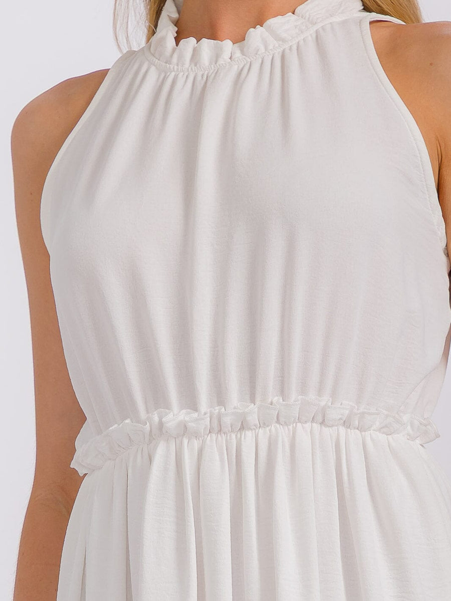 Vestido corto midi blanco cuello mock con cintura elástica