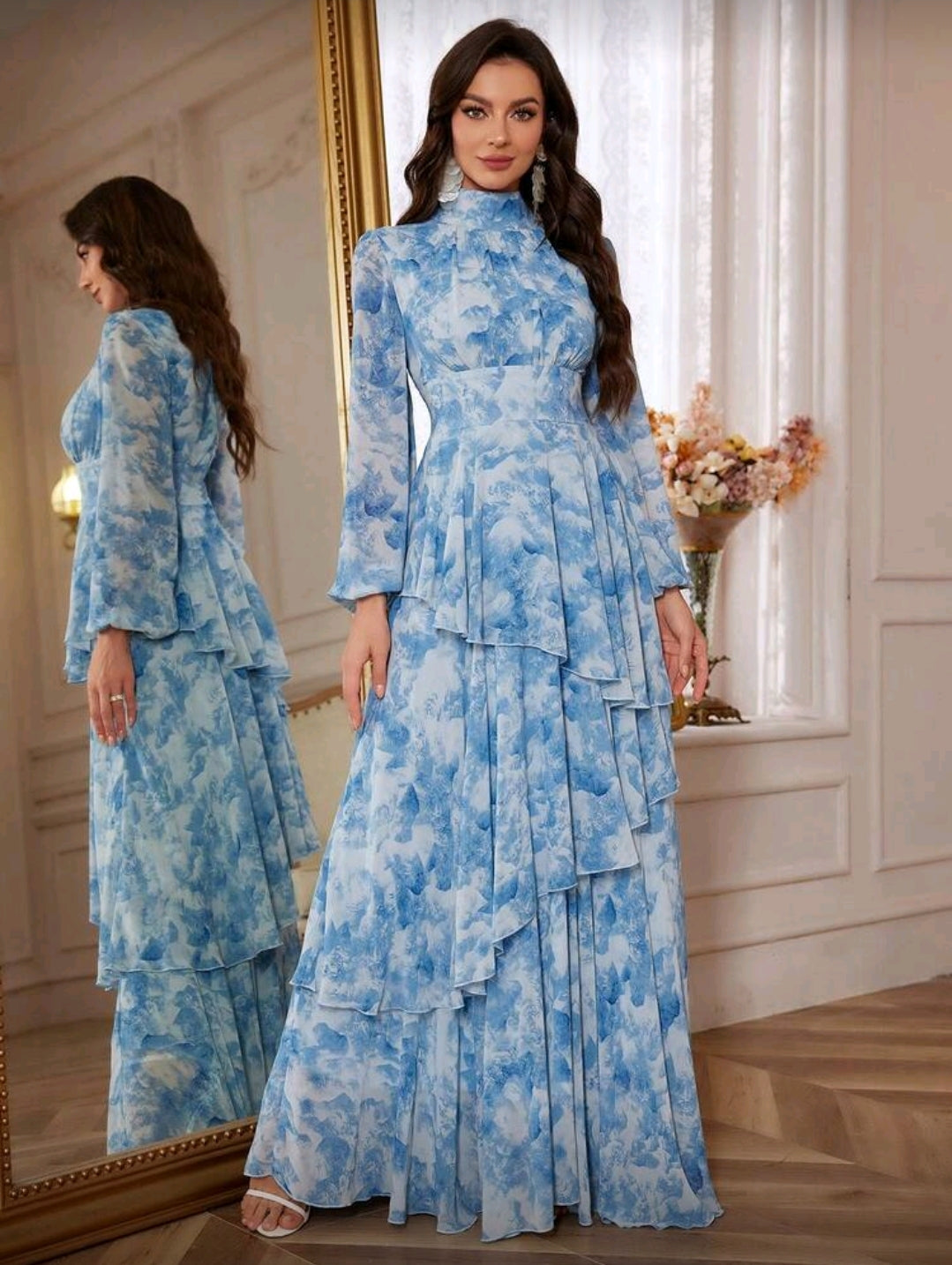 Vestido Maxi Azul con Estampado Floral Elegante manga larga
