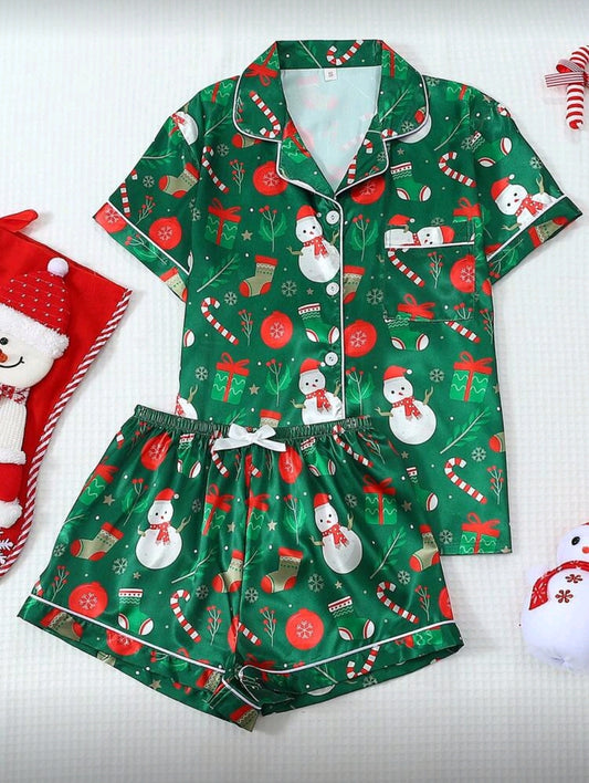 Pijama Navideña Verde de Mujer con detalles Rojos y Blancos