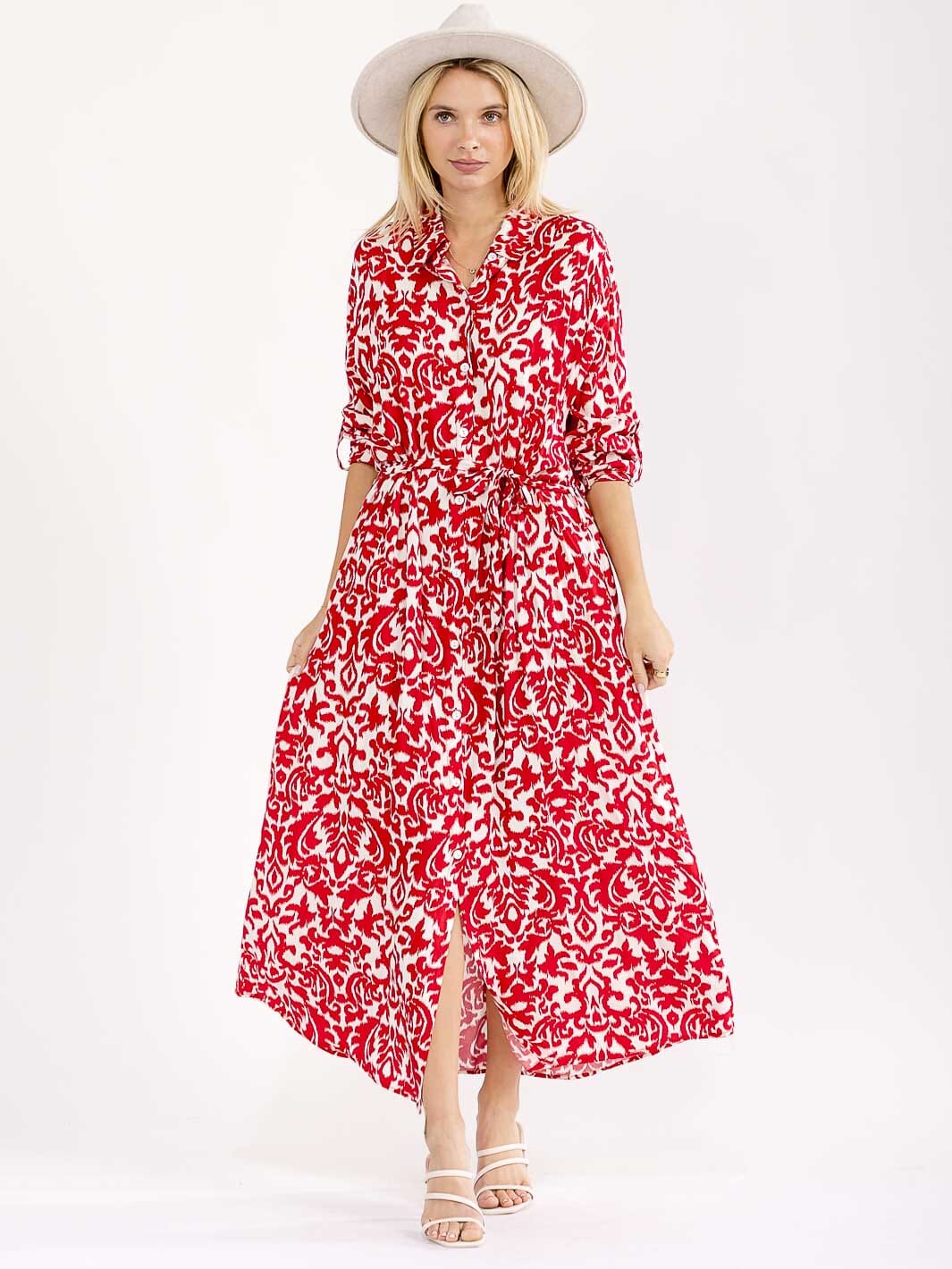 Vestido Rojo Largo Maxi de Botones y Mangas Largas