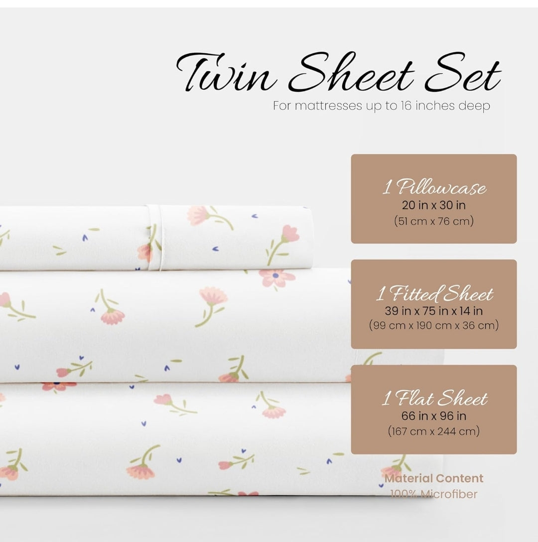 Ienjoy Linen Market Double-Brushed Ultra Soft Twin Sheet Set, Wrinkle-Free Easy Care, Blanco/Flores Rosadas, Twin, 3 Piezas