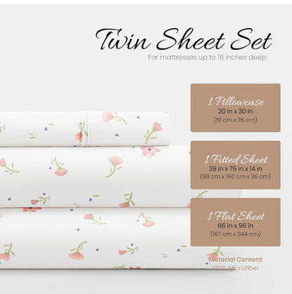 Ienjoy Linen Market Double-Brushed Ultra Soft Twin Sheet Set, Wrinkle-Free Easy Care, Blanco/Flores Rosadas, Twin, 3 Piezas