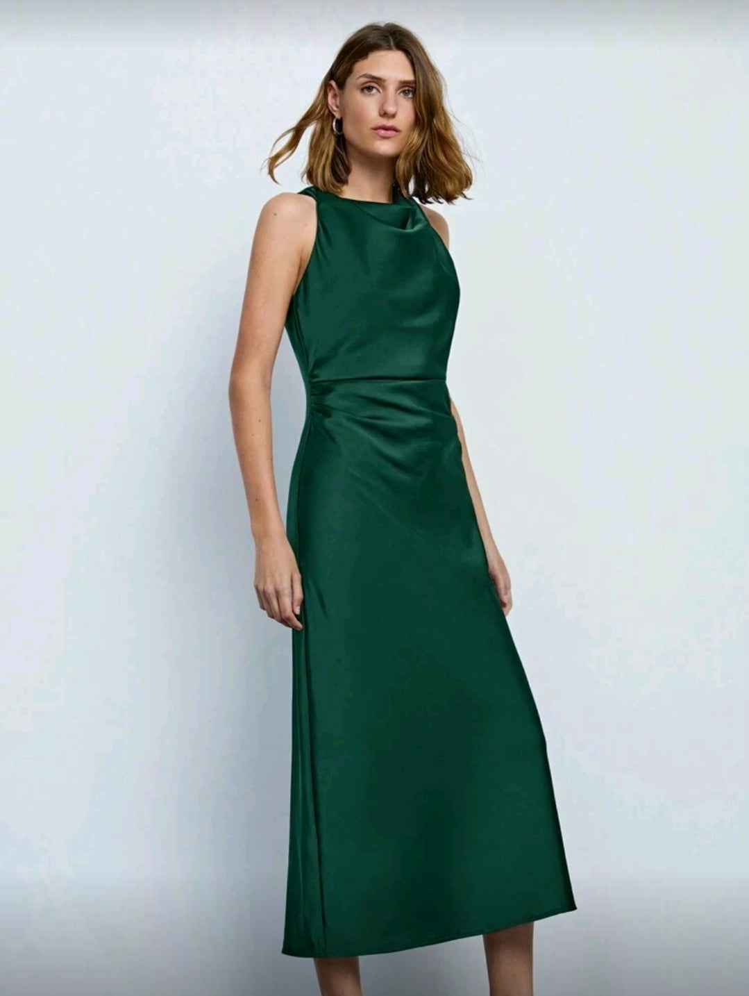 Vestido verde Midi de Satin con Cuello Fruncido