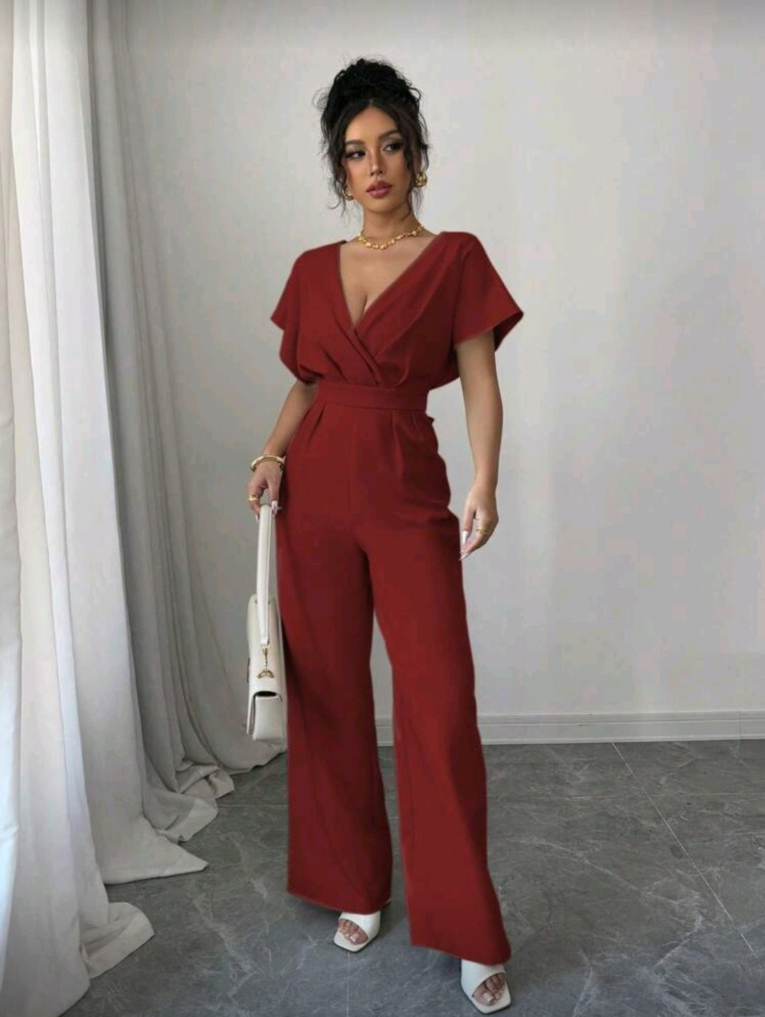 Jumpsuit Rojo con pliegues a la cintura