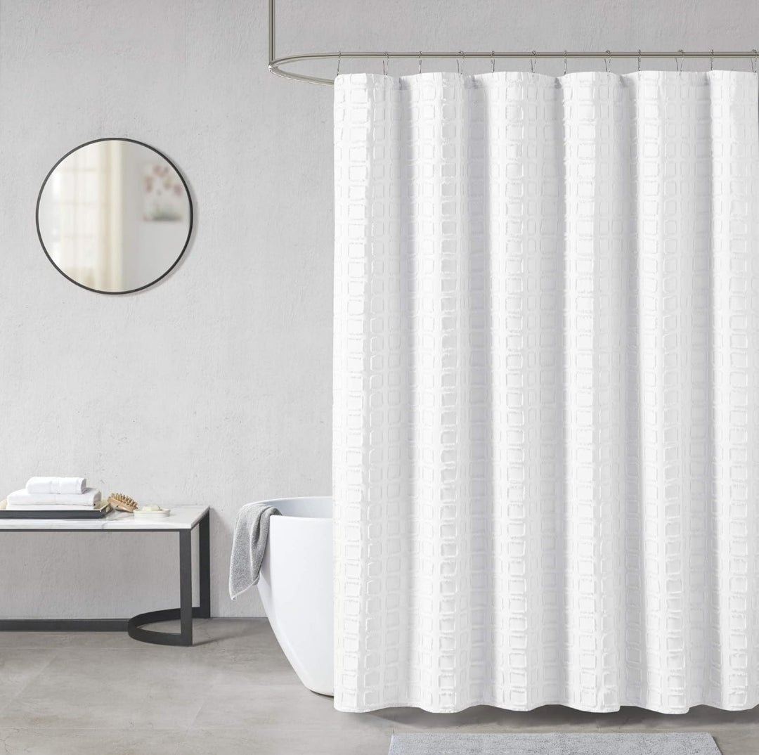 Madison Park Metro Bathroom Shower, Textured Woven Clipped Design Modern Mid-Century Privacy Bath Fabric Curtains, 72"x72", Blanco, 1 Cortina de Baño