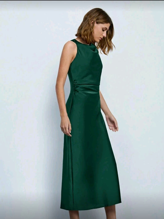 Vestido verde Midi de Satin con Cuello Fruncido