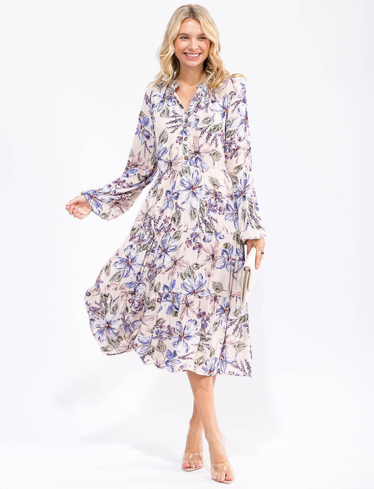 Vestido Blanco Floral de Botones Cuello en V