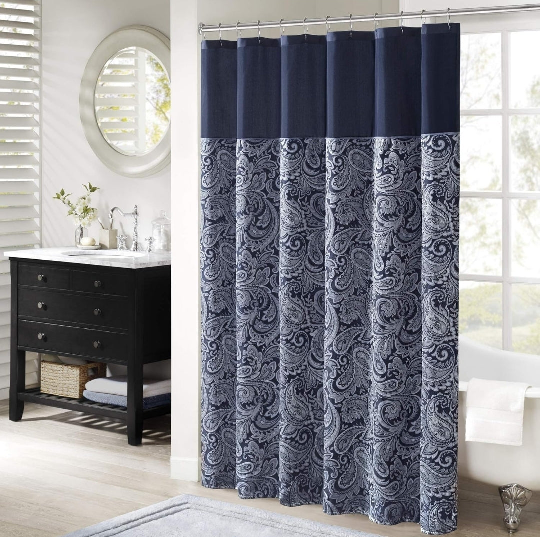 Madison Park Aubrey Shower Curtain Paisley Jacquard Pieced Microfiber Faux Silk Modern Home, 1 Cortina de Baño Azul