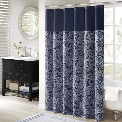 Madison Park Aubrey Shower Curtain Paisley Jacquard Pieced Microfiber Faux Silk Modern Home, 1 Cortina de Baño Azul