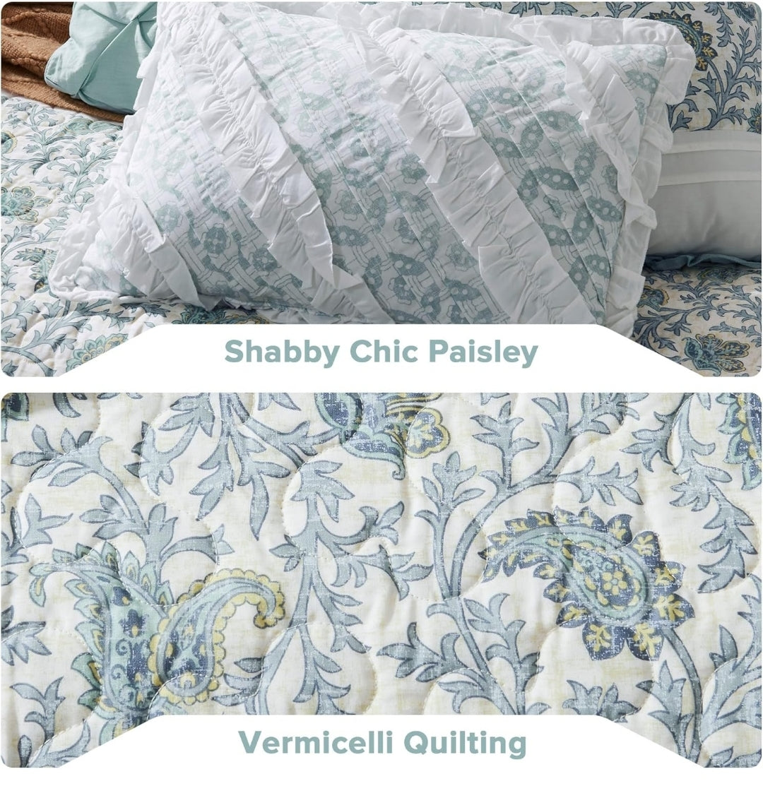 Madison Park 100% Cotton Quilt Set Floral Print Light Teal Aqua, 6 Piezas, Queen