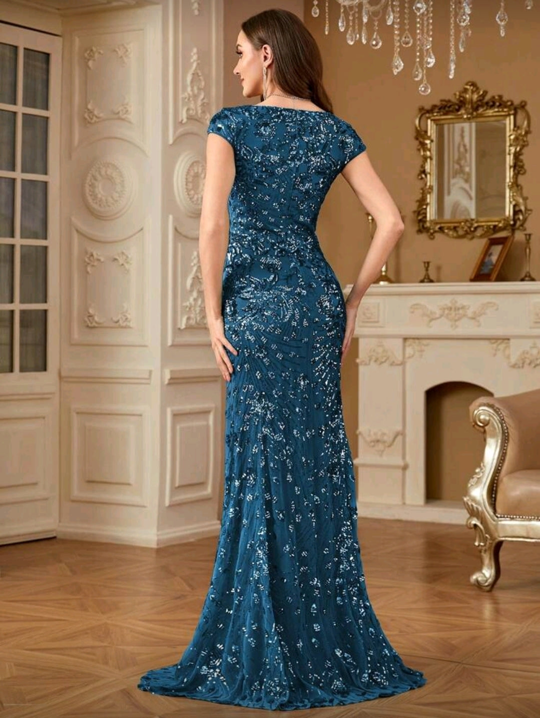 Vestido Aqua Largo Elegante con Lentejuelas