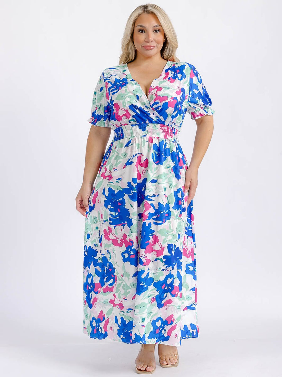 Vestido Plus maxi azul royal manga corta