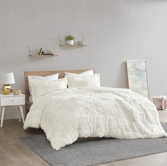 Intelligent Design Malea Shaggy Duvet with Quilted Box Design, Long Faux Fur Comforter Cover Cozy Bedding Set, Matching Shams 90"x90", Blanco, 3 Piezas, Queen
