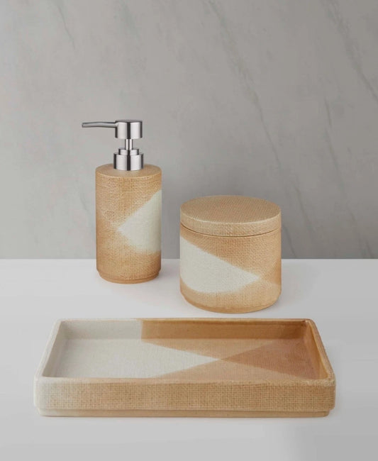 Décor Studio Brooklyn Ceramic  Bath Accessory Set, Set de 3 Piezas, Café (Dispensador de Jabón, Tarro para Algodón, Bandeja)