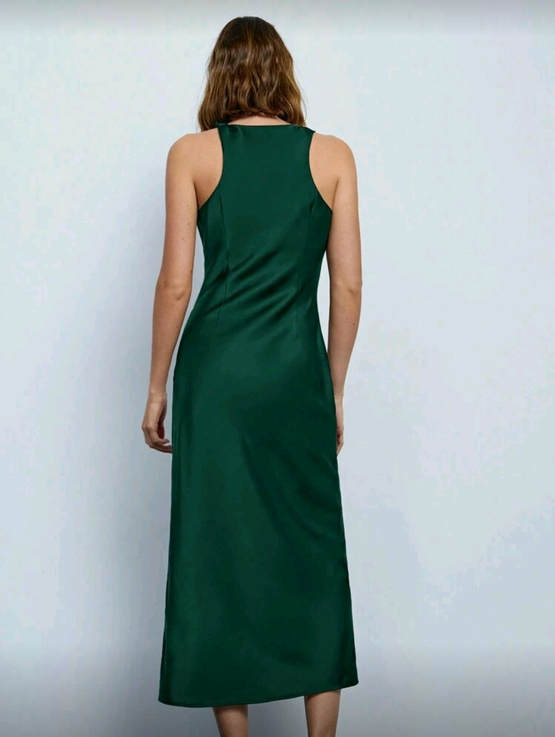Vestido verde Midi de Satin con Cuello Fruncido