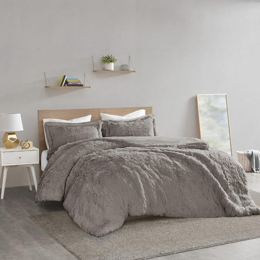Intelligent Design Malea Shaggy Duvet with Quilted Box Design, Long Faux Fur Comforter Cover Cozy Bedding Set, 3 Piezas, Gris, King
