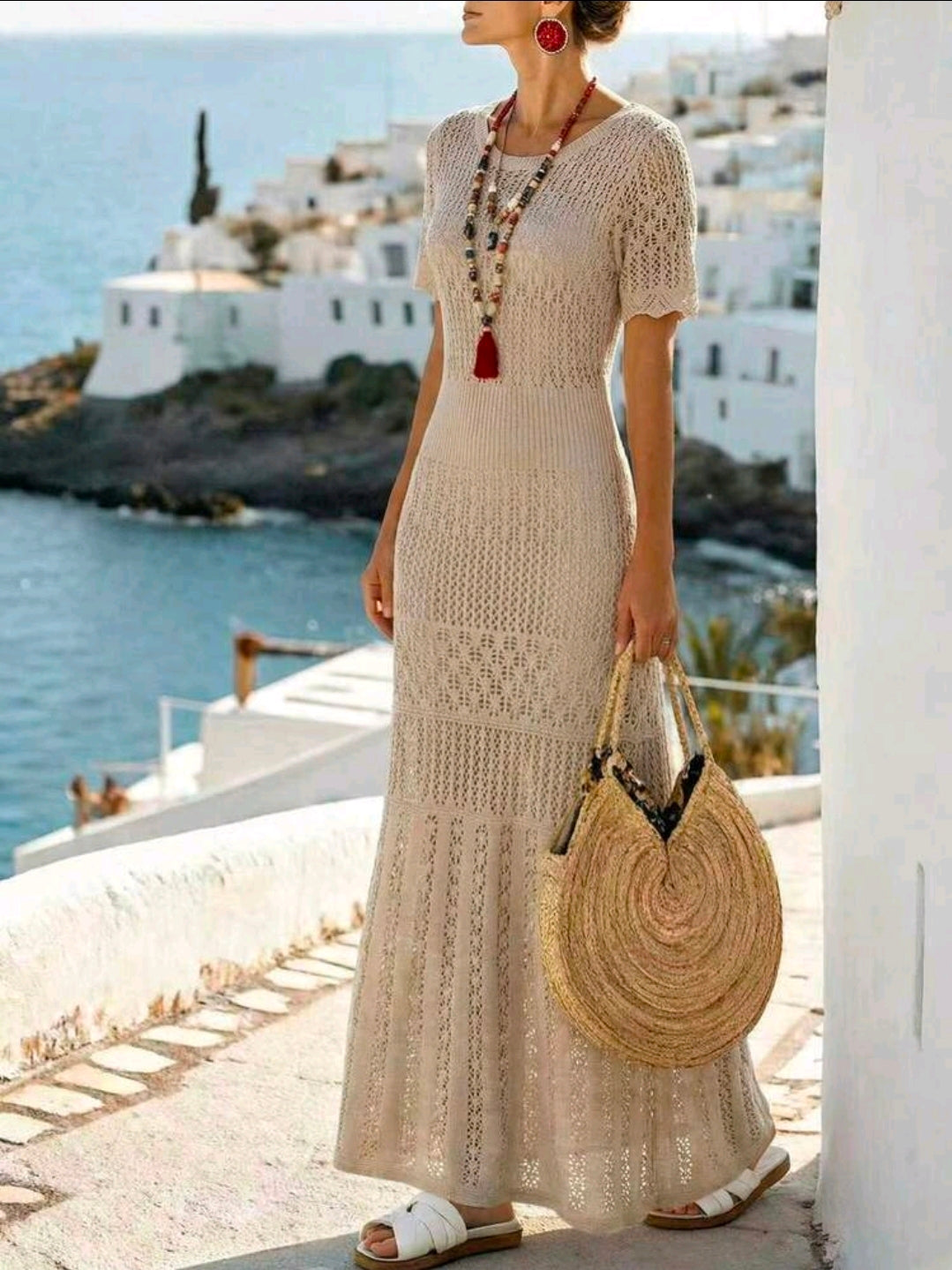 Vestido beige de verano de crochet (salida de baño)