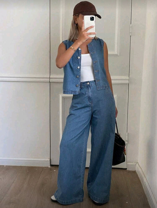 Conjunto Minimalista de Jean con Pantalón y Chaleco
