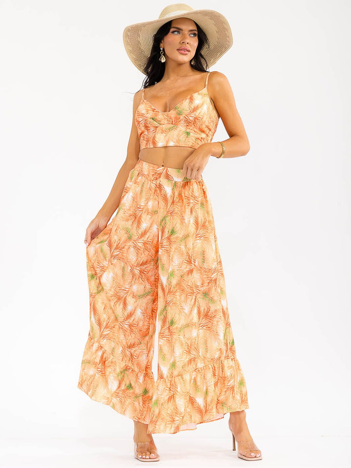 Conjunto anaranjado floral de 2 piezas para mujer: top corto smock sin mangas + pantalón de pierna ancha con cierre (zip).