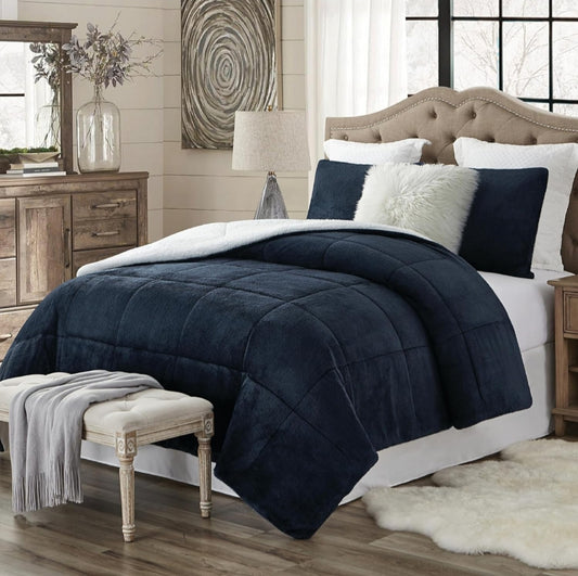 Swift Home Premium Ultra-Soft Faux Fur Sherpa Reversible Comforter and Sham Set - 3 Piezas, Azul, Queen