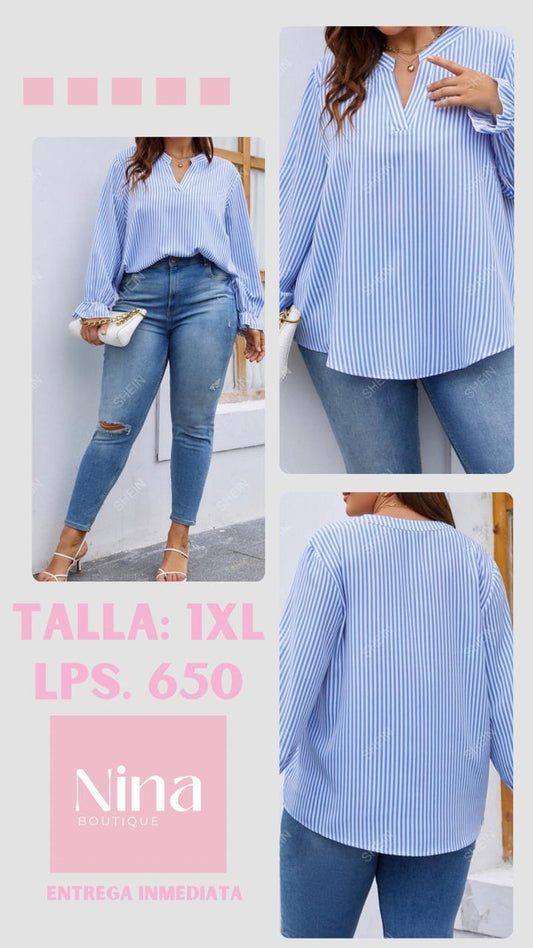 Blusa azul y blanca holgada de mangas largas